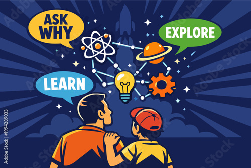 Father and son exploring science, learning, asking why, discovering new ideas
