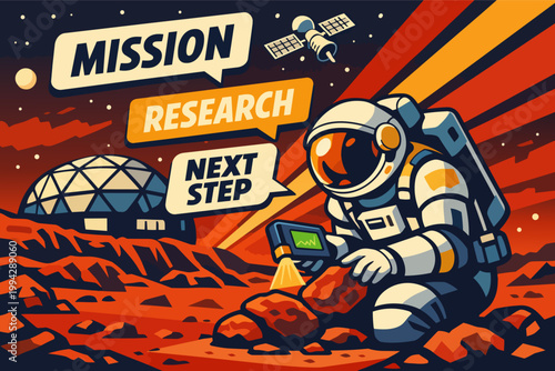 Astronaut researching rocks on mars with base habitat during next step mission