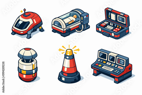 Sci-fi isometric items set for futuristic space technology and medical research lab