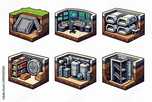Underground bunker complex isometric views for a survival shelter game concept