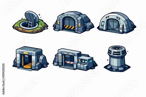 Isometric sci-fi base entrances and bunker hatches for game asset design