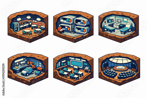 Futuristic underground base living modules with various isometric sci-fi rooms