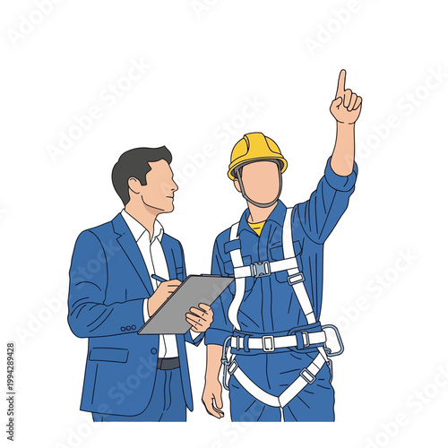 Construction planning engineer and foreman discussing project details outdoors