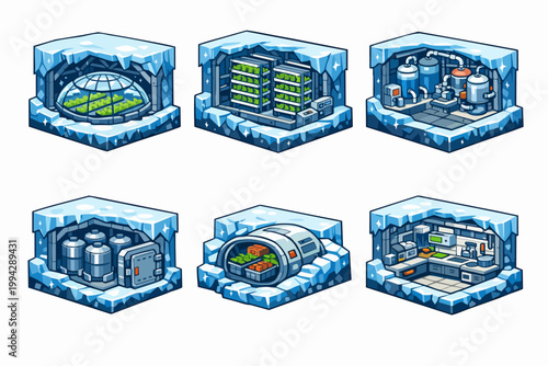 Isometric ice base modules showing habitat, hydroponics, storage, and processing units