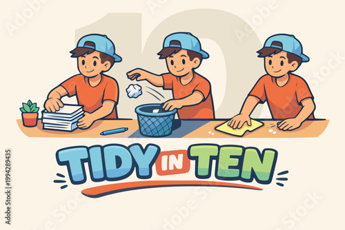 Boy organizing his workspace by stacking papers, disposing trash, and wiping down a desk