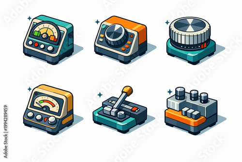 Isometric electronic control panel icons set featuring science lab instruments