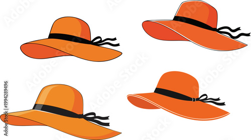 Orange summer sun hats with black ribbons, set of 4 elegant wide brim straw hat vectors, stylish female beach headwear collection for vacation
