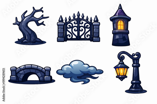 Halloween game assets creating spooky atmosphere with haunted tree, gate, tower, lamp