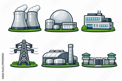 Industry and energy infrastructure icons set presenting power plants and factory buildings