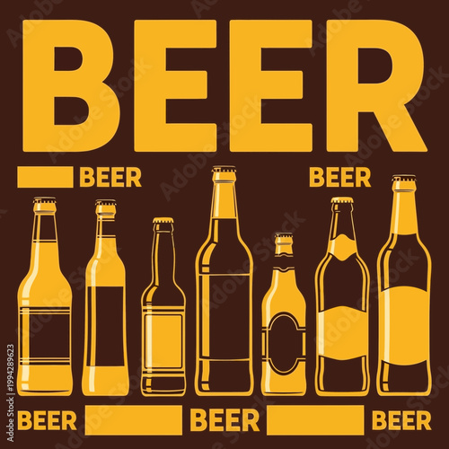 Bold 'beer' typography with illustrated beer bottles on a dark background