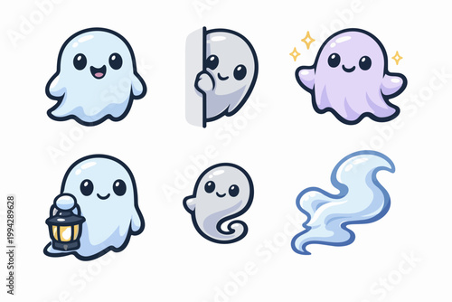 Cute cartoon spooky ghosts appearing in various friendly poses for halloween design