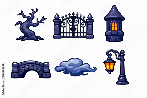 Cartoon spooky elements set for halloween or gothic game design