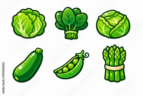 Green vegetables cartoon icons pack showing various fresh healthy raw food