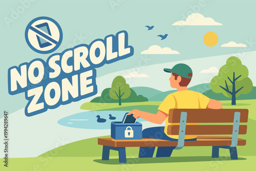 Person taking digital detox, putting phone in no scroll zone lockbox in park