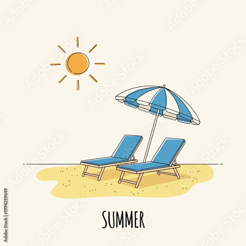 Beach relaxation a summertime scene with sun chairs and umbrella