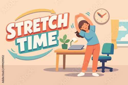 Woman stretching in home office during a wellness break at stretch time