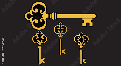 Vintage golden skeleton keys set, ornate antique brass key vector icons, decorative medieval lock openers on black background