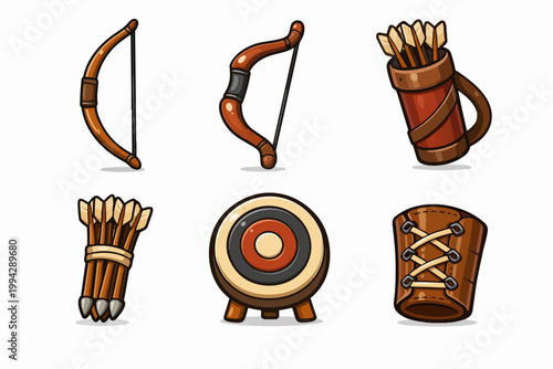 Archery equipment icons set featuring bows, arrows, quiver, target, and bracer