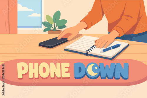 Person taking a break from smartphone, focusing on work and digital detox concept