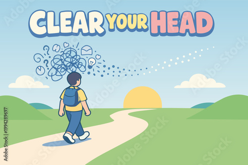 Person walking on path clearing thoughts, finding mental clarity and inner peace