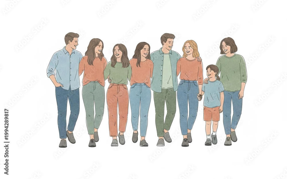 Obraz premium Diverse group of happy people, including adults and a child, walking together in a vibrant illustration, symbolizing family, friendship, and community unity