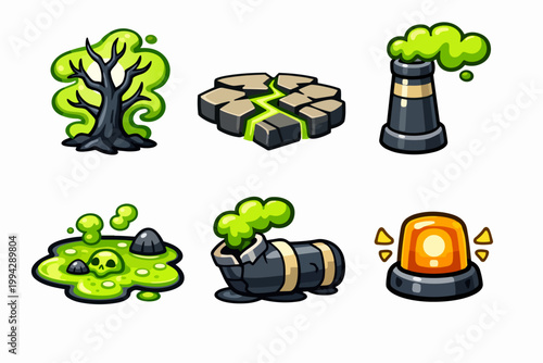 Toxic hazard and environmental pollution icons set, illustrating ecological danger