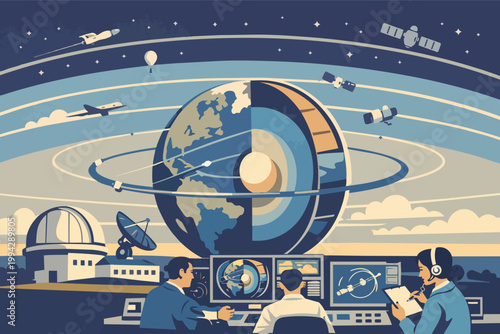 Global earth science exploration with researchers monitoring data and analyzing space missions