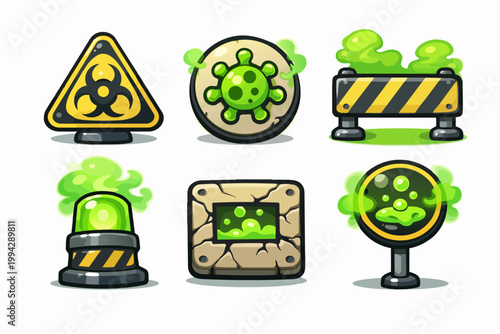 Biohazard and toxic waste icons with green slime effect, hazard warning symbols