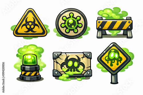 Cartoon biohazard warning signs and symbols for dangerous toxic waste