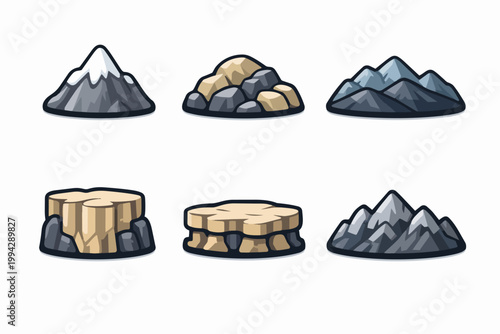 Set of vector nature icons featuring mountains, rocks, stones, and earth platforms