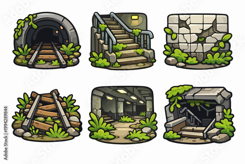 Abandoned ruin illustrations, urban decay game assets with overgrown elements