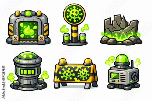 Cartoon hazardous objects set with biohazard symbols and toxic green goo