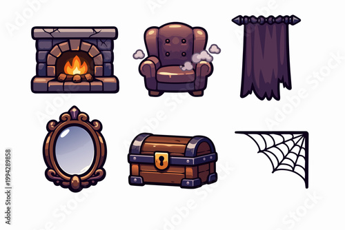 Fantasy game assets for interior design featuring spooky gothic furniture and elements
