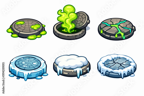 Manhole covers with toxic slime and freezing ice for game assets and cartoon design