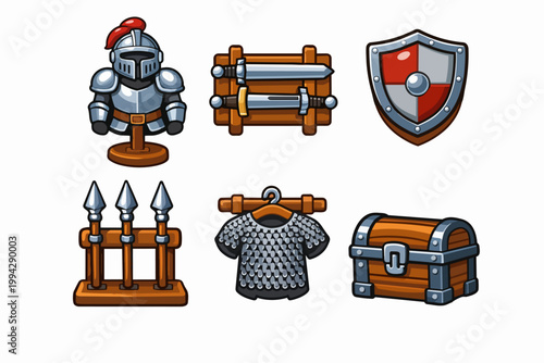 Medieval knight armor, weapons, and treasure chest game assets on white background