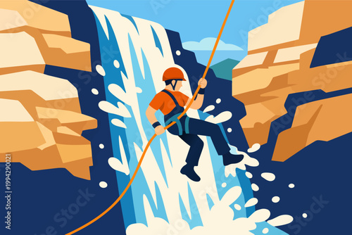 Man canyoneering, rappelling down a waterfall, enjoying extreme outdoor adventure