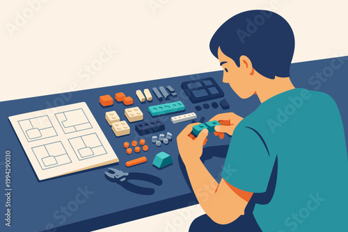 Boy assembling colorful building blocks following instructions on desk