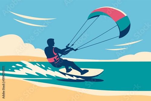 Kitesurfing on a sunny beach, experiencing extreme adventure and water sports