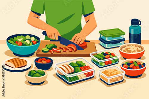 Person preparing healthy food for meal prep, organizing portioned meals in containers