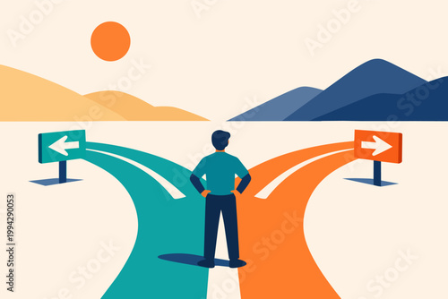 Person standing at crossroads making a big decision about future path, strategy, or career