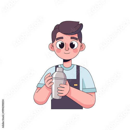 Young man holding cocktail shaker with a smile in a minimalist style. Young adult mixing cocktails shaker   