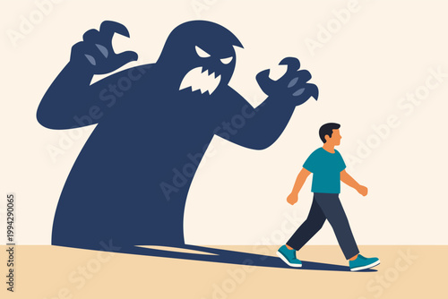 Person walking with their giant shadow manifesting as a scary monster chasing them