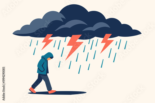 Person walking depressed under storm, rain, and lightning clouds