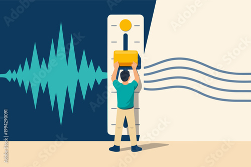 Person adjusting music volume, controlling sound wave with equalizer slider
