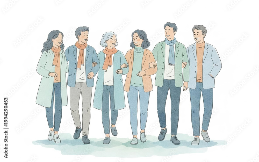 Obraz premium Illustration of a diverse group of people of different ages and genders walking together outdoors, sharing a friendly moment