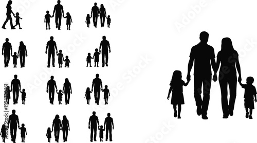 Silhouette illustration of diverse families walking together, parents and children holding hands, symbolizing unity, love, and togetherness