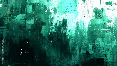 Vector Abstract cityscape evoking urban decay, grunge textures, and environmental disarray. A unique composition with shades of green, revealing layers of grit, decay, and modernity.
