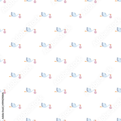 Storks delivering newborn baby girl bundles across a white background