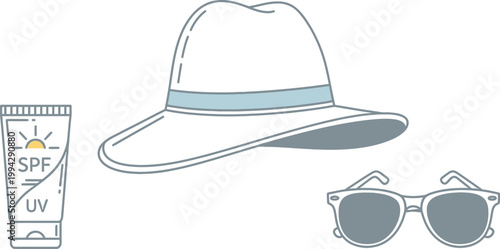 Minimalist vector illustration showing a stylish summer sun hat combined with protective sunscreen lotion and classic dark tinted sunglasses accessories