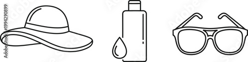 Essential summer vacation line icons showing a sun hat, sunscreen bottle with a drop, and stylish sunglasses for travel protection and beach fun.